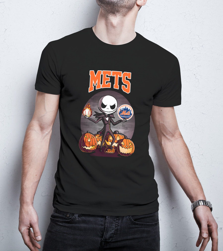 Jack Skellington Halloween New York Mets Pumpkin Baseball T-Shirt