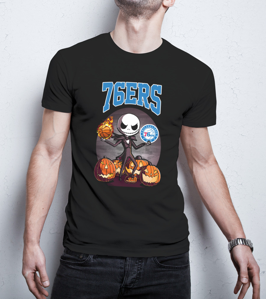 Philadelphia 76ers Jack Skellington Halloween Basketball Pumpkins T-Shirt