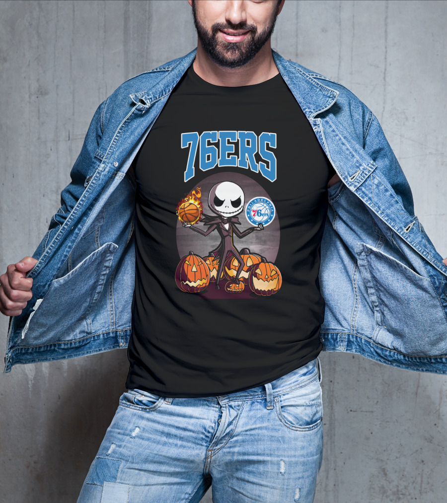 Philadelphia 76ers Jack Skellington Halloween Basketball Pumpkins T-Shirt