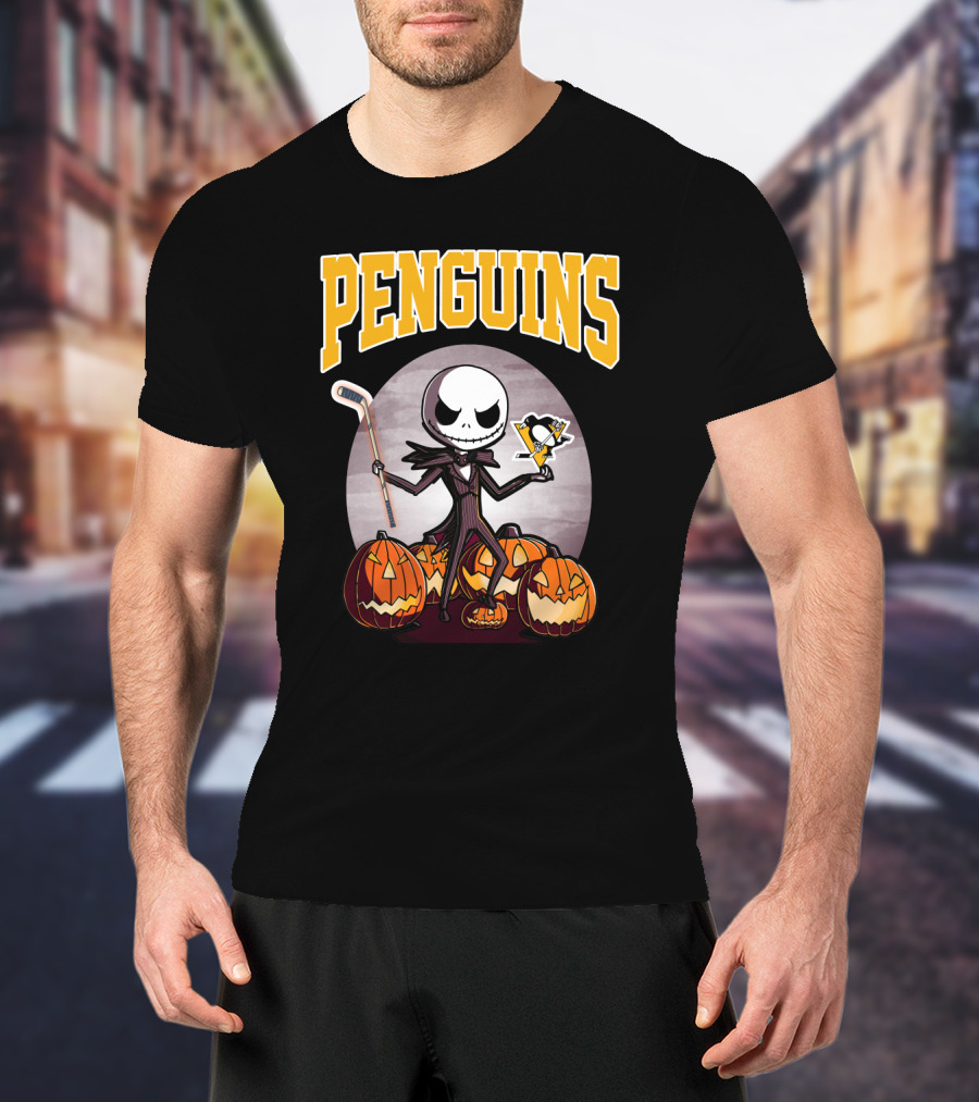 Penguins Jack Skellington Holding Hockey Logo With Pumpkins Halloween T-Shirt