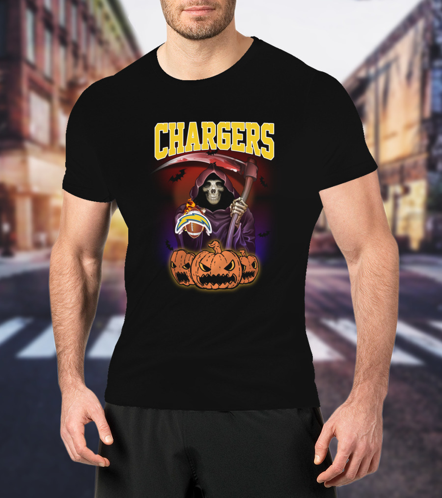 Chargers Grim Reaper With Pumpkins And Football Halloween T-Shirt