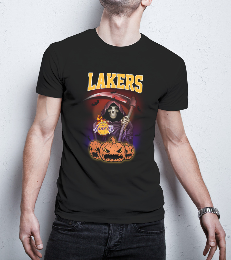Los Angeles Lakers Reaper Skeleton With Pumpkins Halloween T-Shirt