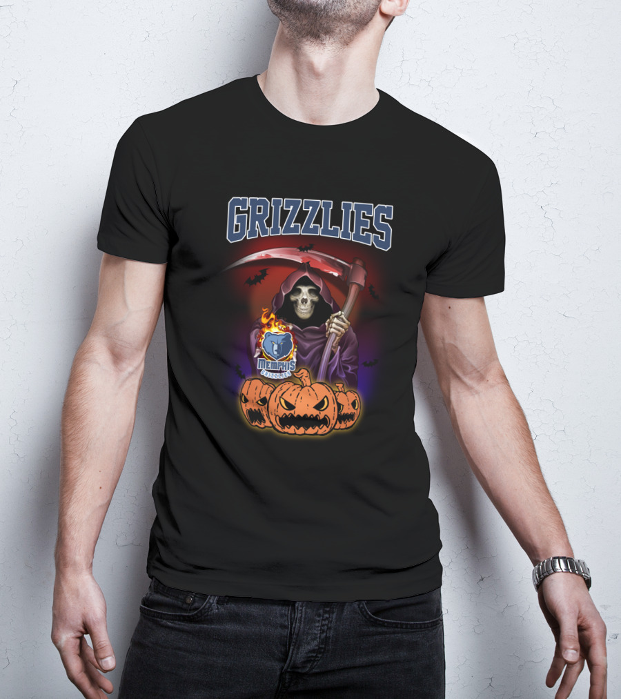 Grizzlies Halloween Reaper With Scythe And Memphis Grizzlies Logo Surrounded By Pumpkins T-Shirt