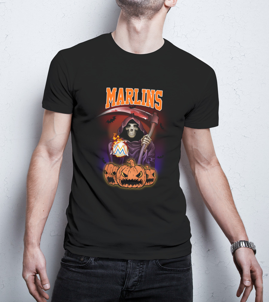 Miami Marlins Reaper With Scythe And Pumpkin Trio Halloween T-Shirt