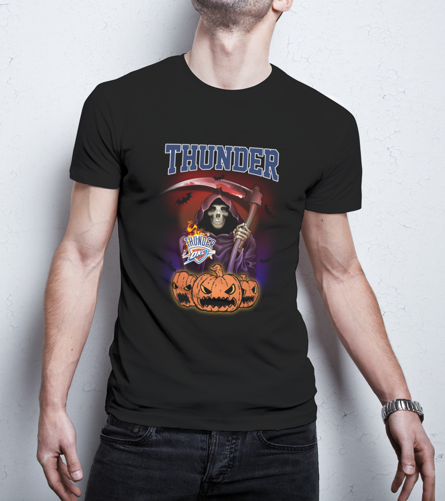 Oklahoma City Thunder Grim Reaper Halloween Theme With Pumpkins And Scythe T-Shirt