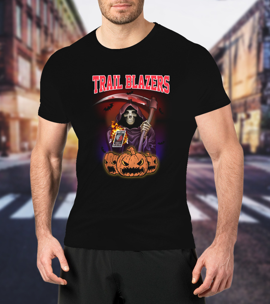 Trail Blazers Halloween Grim Reaper With Scythe And Pumpkins T-Shirt