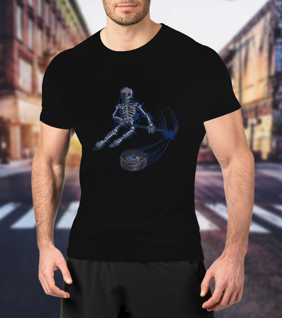 Vancouver Canucks Skeleton Playing Ice Hockey With Puck T-Shirt
