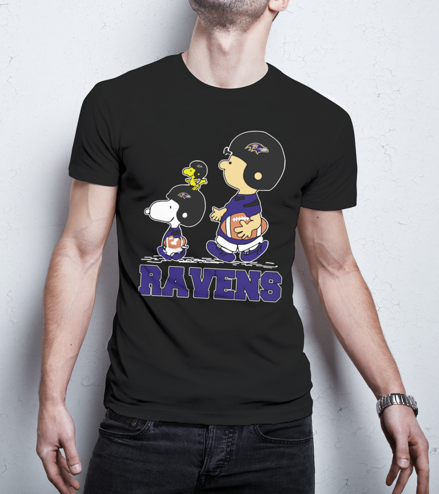 Snoopy And Friends With Baltimore Ravens Football Helmets And Jerseys T-Shirt
