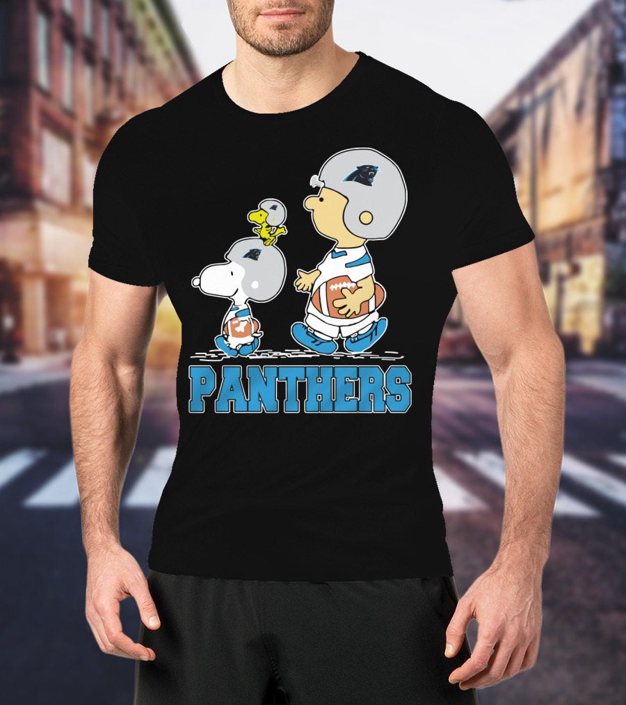 Snoopy And Woodstock With Carolina Panthers Football Helmets T-Shirt