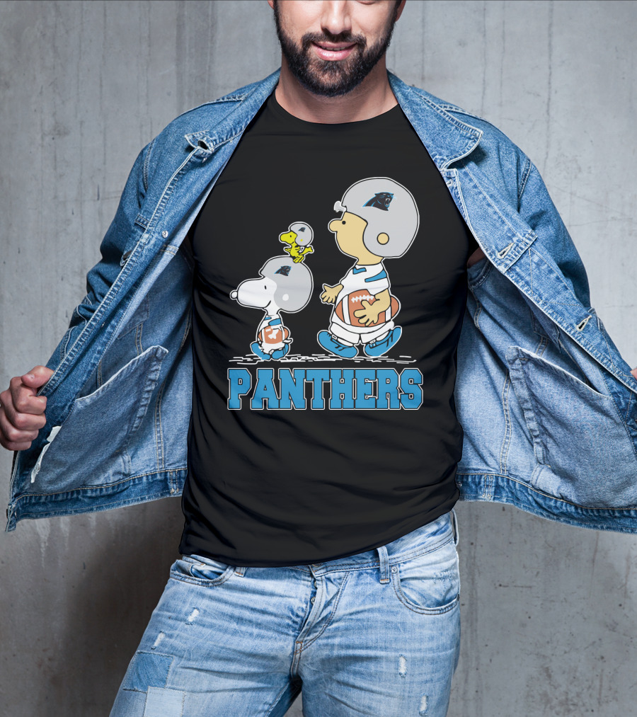 Snoopy And Woodstock With Carolina Panthers Football Helmets T-Shirt