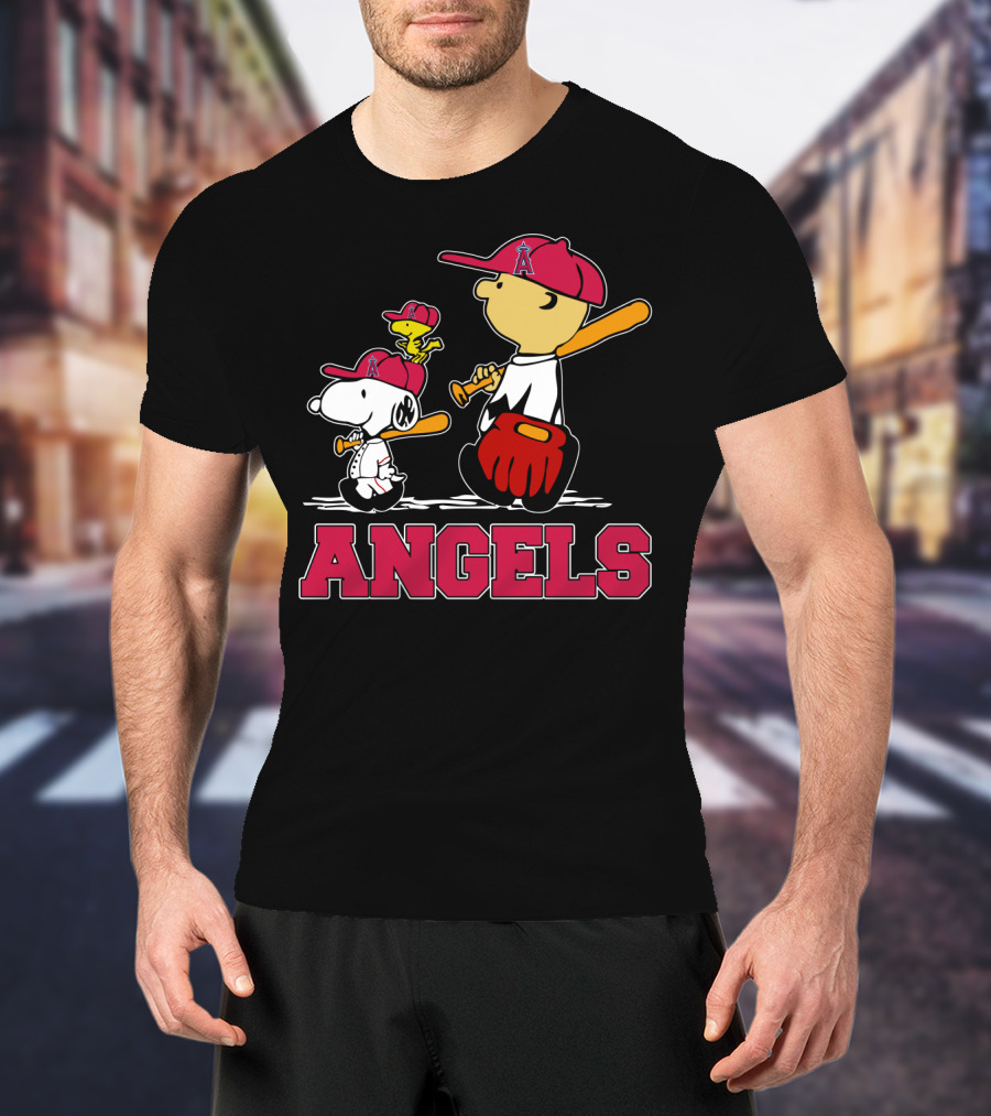 Snoopy Los Angeles Angels Baseball Fans With Woodstock And Bat T-Shirt