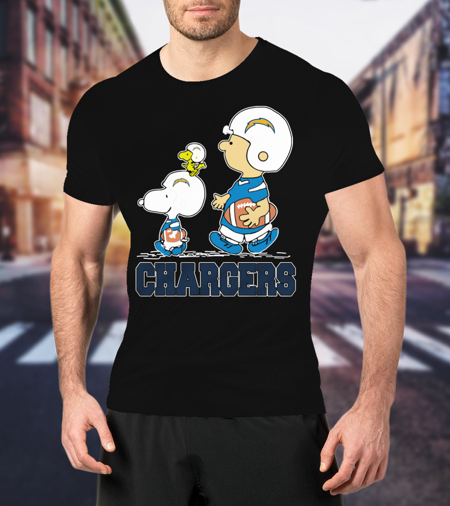 Snoopy And Woodstock With Los Angeles Chargers Football Helmets And Jersey T-Shirt