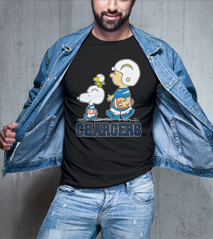 Snoopy And Woodstock With Los Angeles Chargers Football Helmets And Jersey T-Shirt
