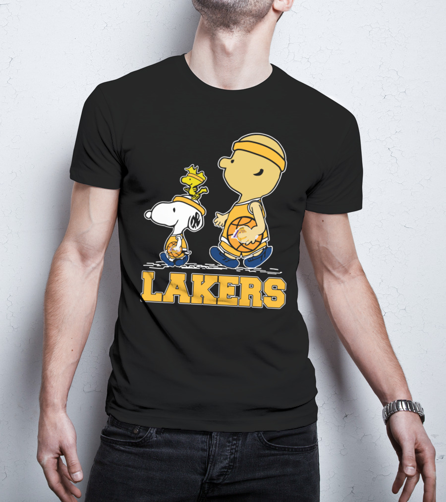 Snoopy And Woodstock With Basketballs For Los Angeles Lakers Fans T-Shirt