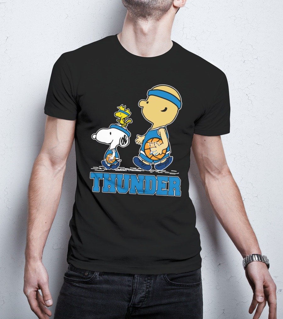 Snoopy And Oklahoma City Thunder Basketball Fans Walking With Woodstock T-Shirt
