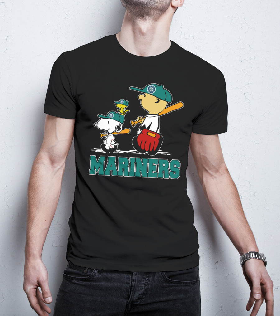 Snoopy Woodstock And Seattle Mariners Peanuts Baseball T-Shirt