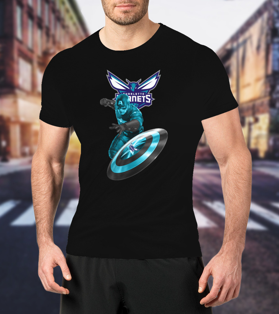 Charlotte Hornets Captain America Crossover Shield T-Shirt