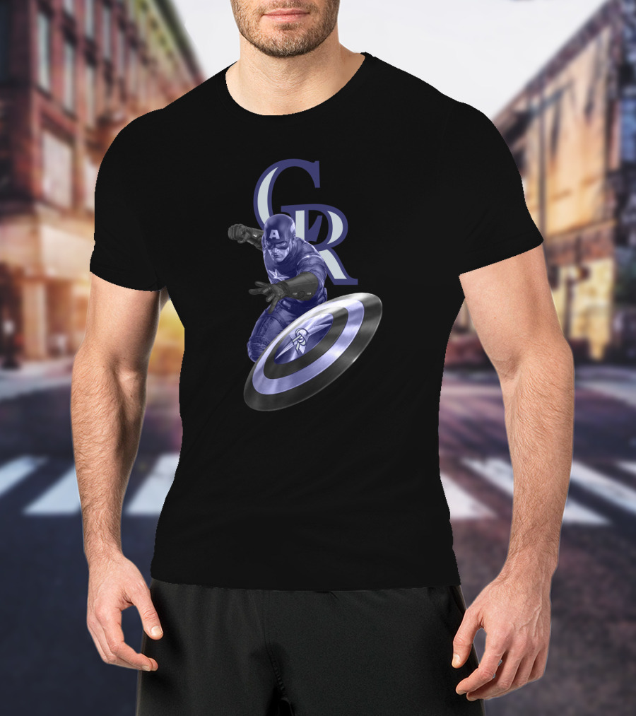Colorado Rockies Captain America Shield Throwing Action T-Shirt