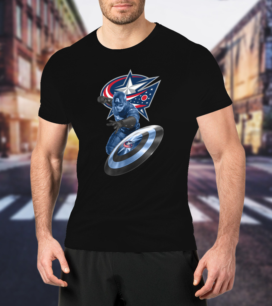 Columbus Blue Jackets Logo With Captain America Shield Iconic Crossover T-Shirt