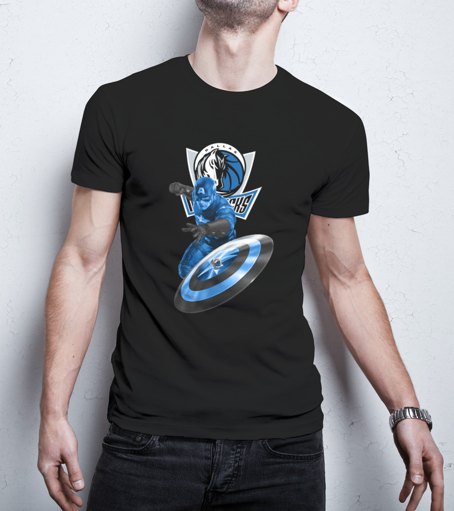 Dallas Mavericks Captain America Crossover Collaboration Featuring Iconic Shield T-Shirt