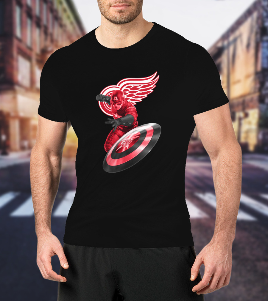 Detroit Red Wings Featuring Marvel's Captain America In Iconic Shield Pose T-Shirt