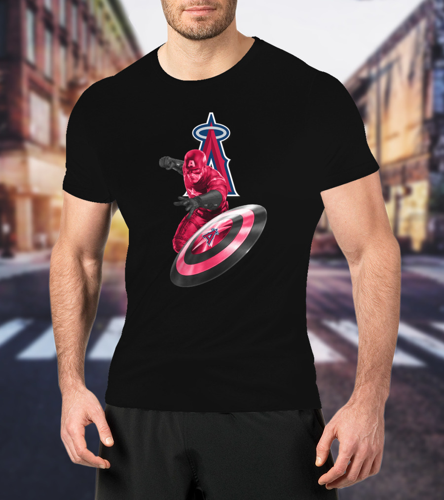 Los Angeles Angels Captain America Crossover With Shield And Halo Insignia T-Shirt