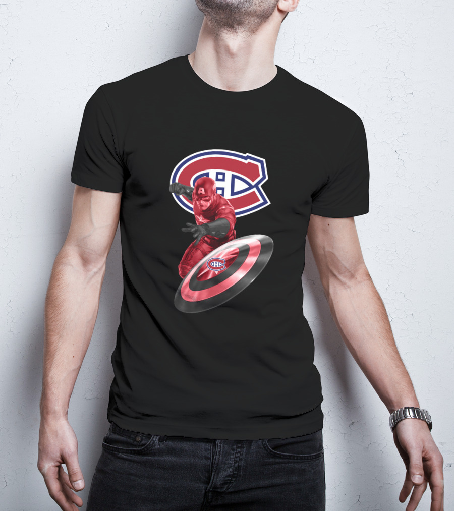 Montreal Canadiens CH Logo With Captain America And Shield Featuring CH T-Shirt