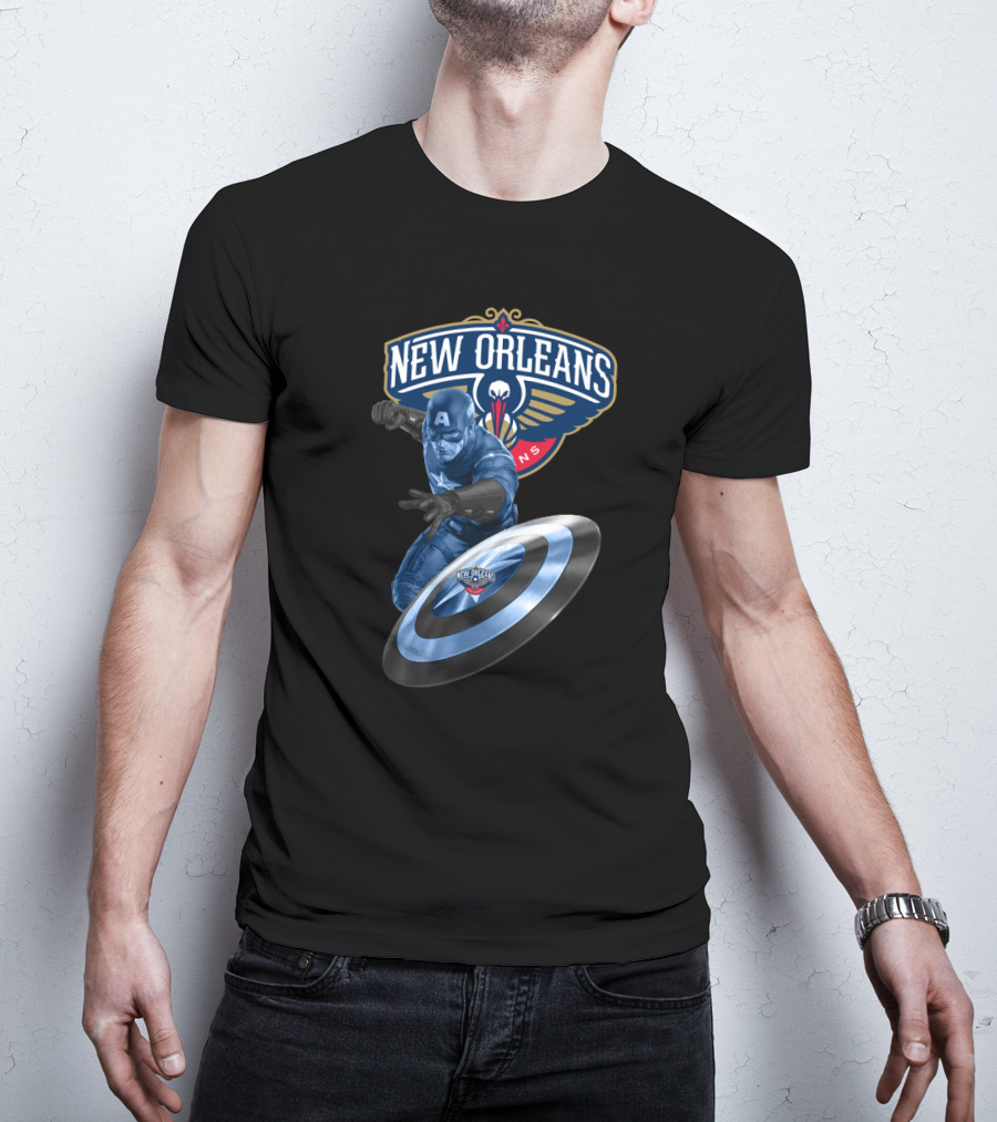 New Orleans Pelicans Captain America Collaboration Iconic Shield Crossover T-Shirt