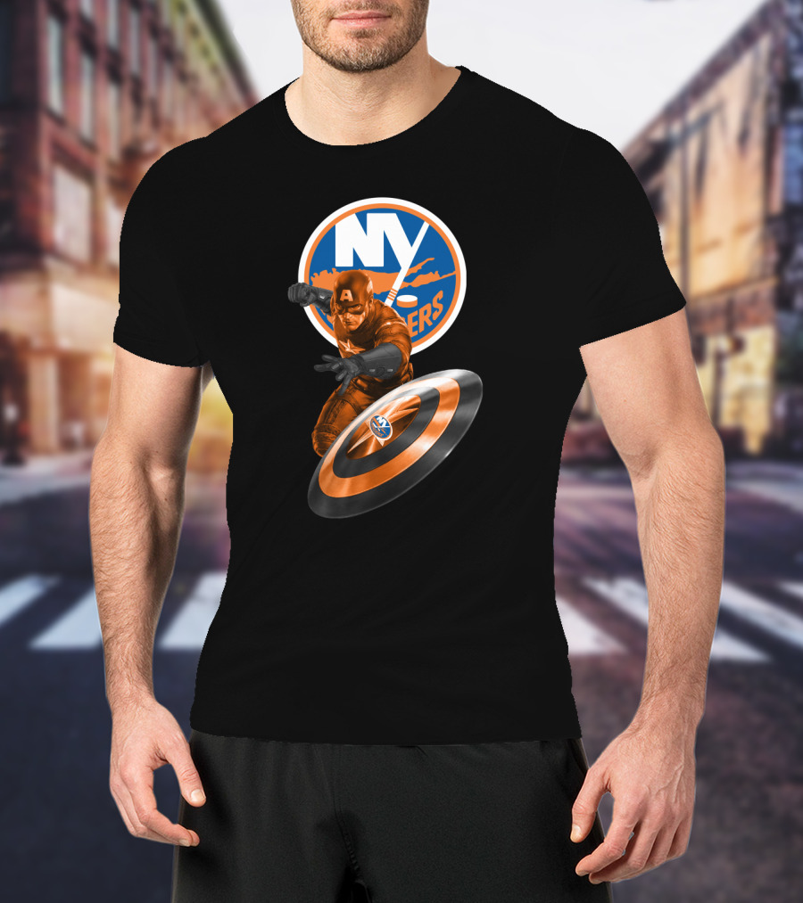 New York Islanders Captain America Collaboration Shield And Logo Graphics T-Shirt