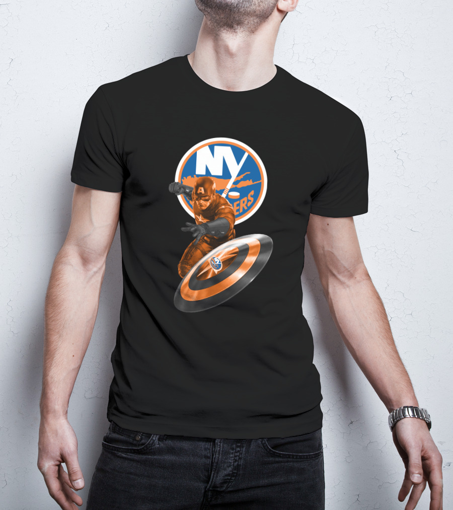 New York Islanders Captain America Collaboration Shield And Logo Graphics T-Shirt