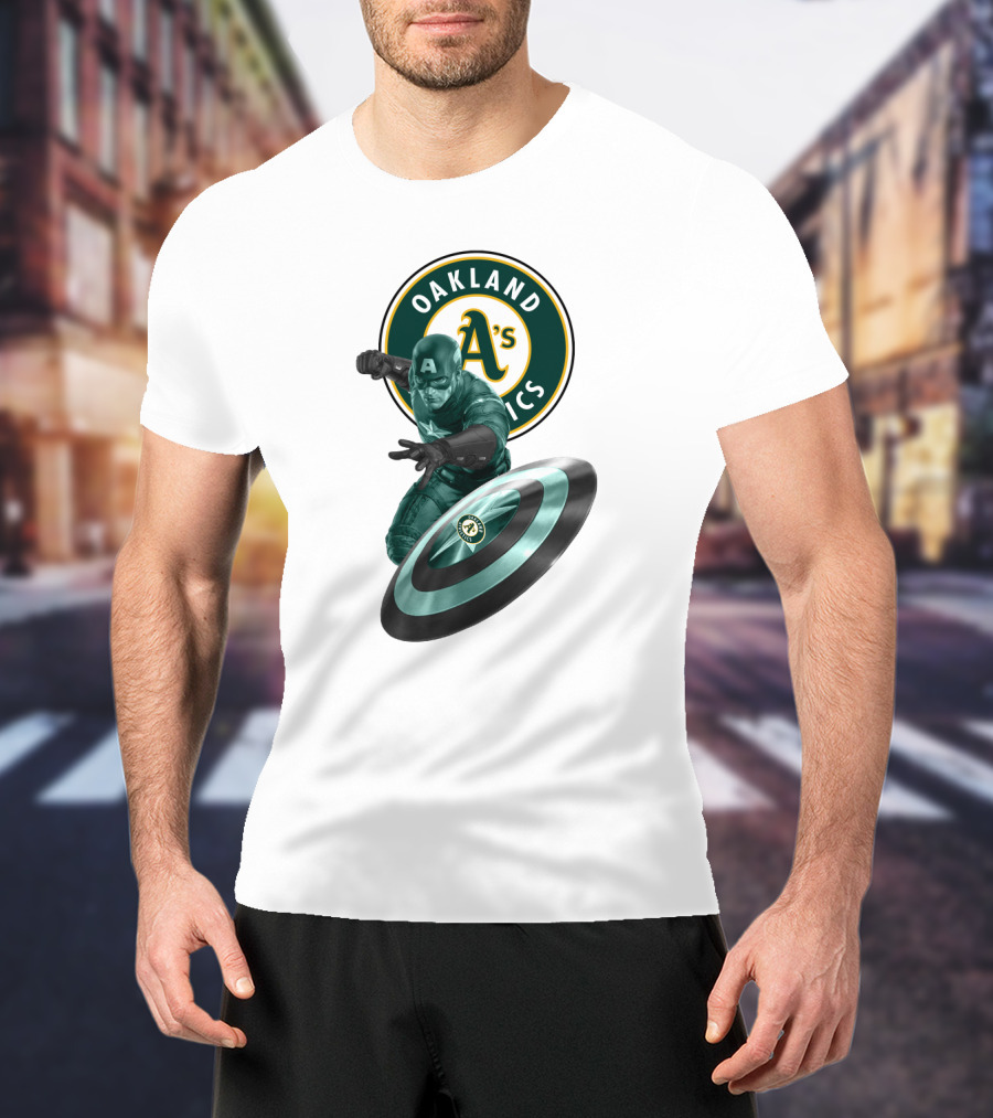 Oakland Athletics A's Logo With Captain America's Shield And Heroic Pose T-Shirt