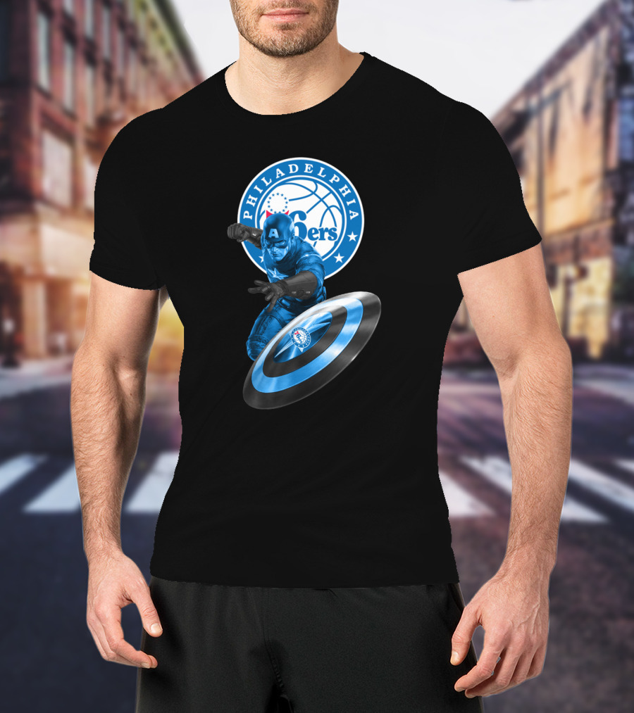 Philadelphia 76ers Basketball Marvel Crossover With Captain America Shield T-Shirt