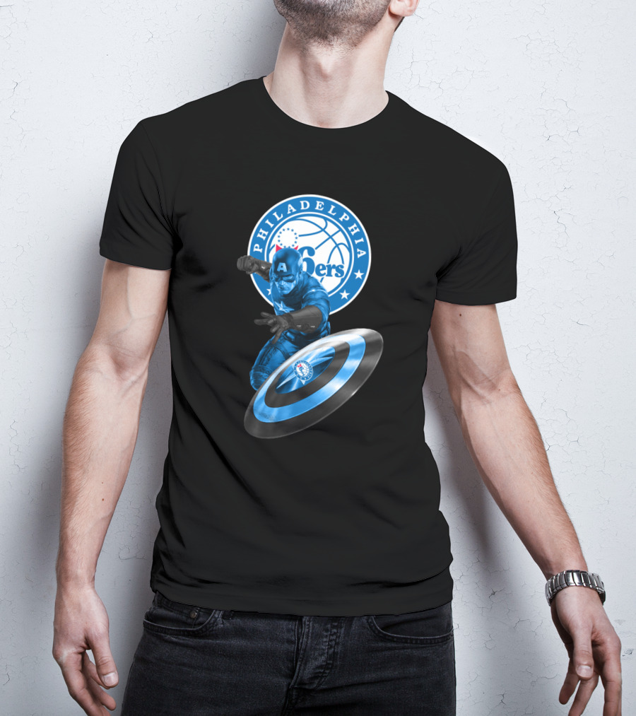 Philadelphia 76ers Basketball Marvel Crossover With Captain America Shield T-Shirt