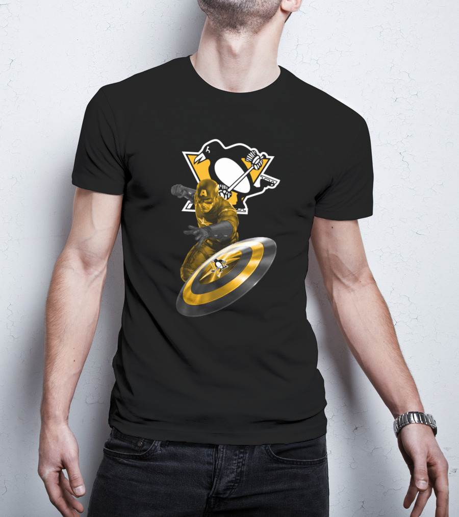 Pittsburgh Penguins Hockey Marvel Captain America Crossover Shield T-Shirt