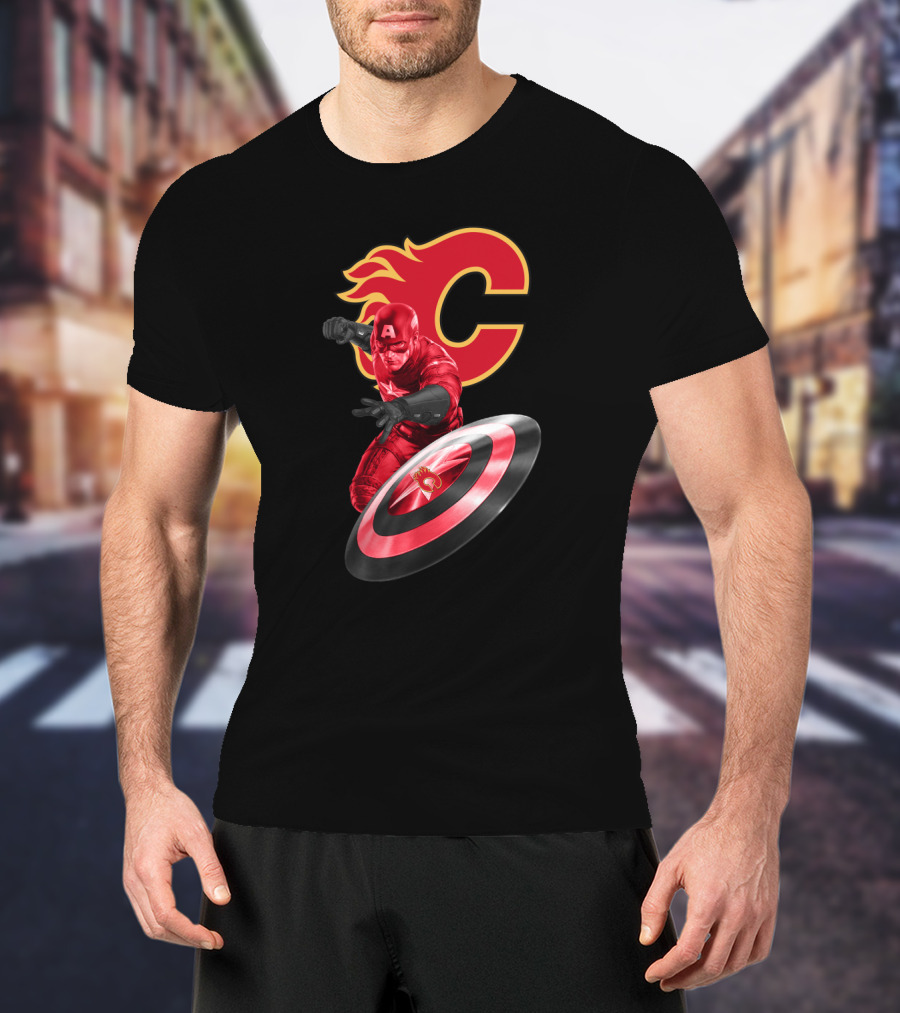 Calgary Flames And Captain America Shield Fusion Marvel Fans T-Shirt