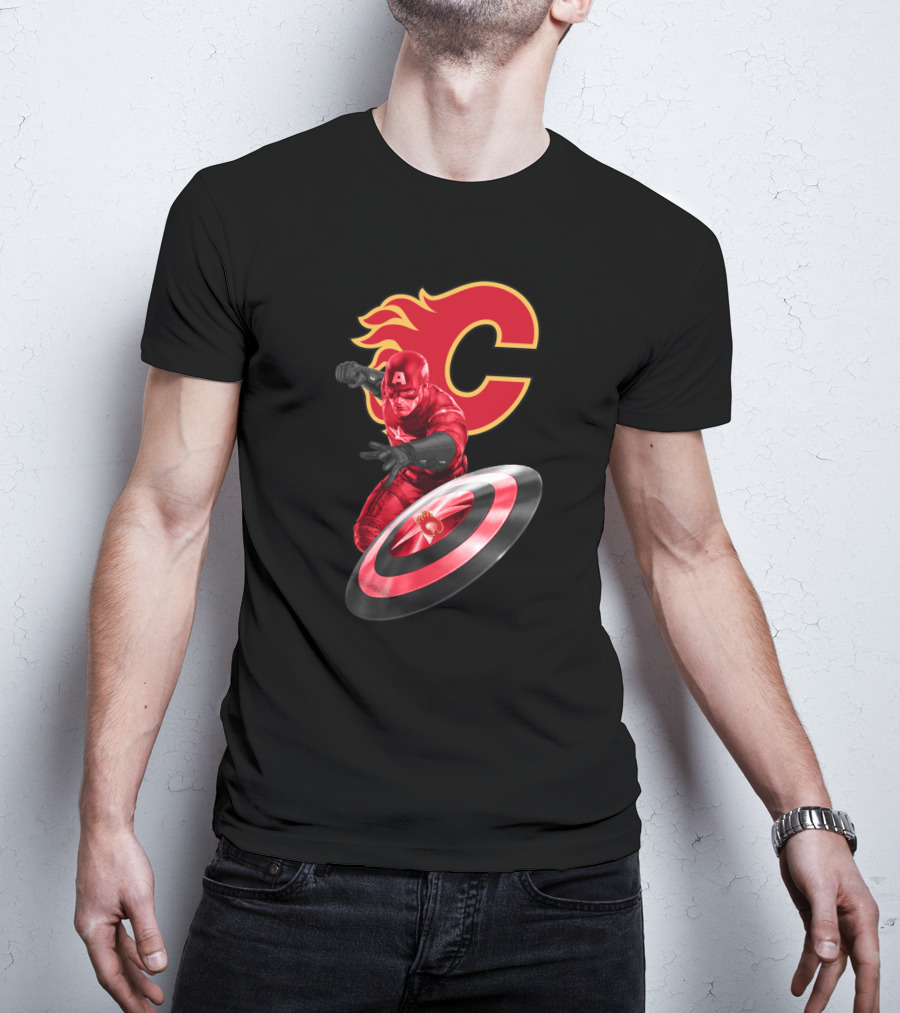 Calgary Flames And Captain America Shield Fusion Marvel Fans T-Shirt