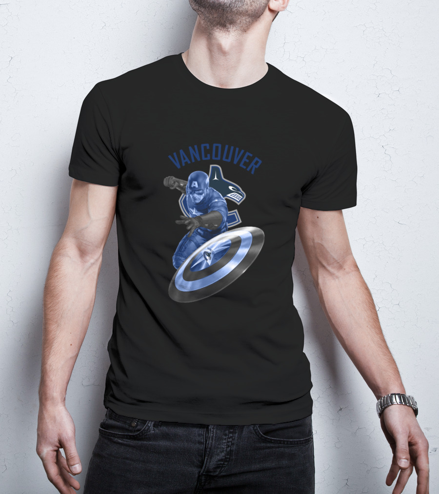 Vancouver Canucks Captain America Logo Crossover With Hockey Orca And Shield T-Shirt