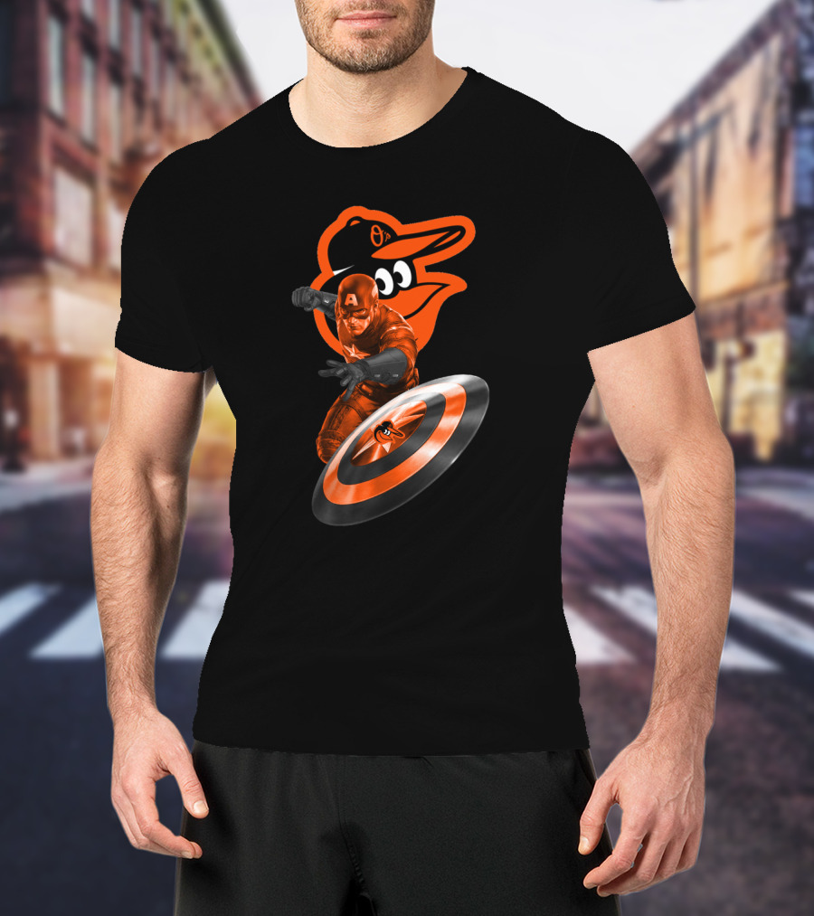 Baltimore Orioles Captain America Crossover Shield Logo Collaboration T-Shirt