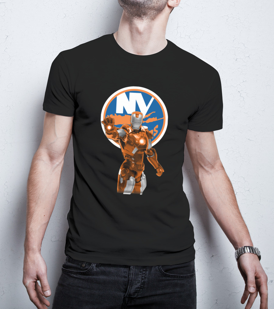 Iron Man New York Islanders Crossover Graphic Featuring NY Logo Background T-Shirt