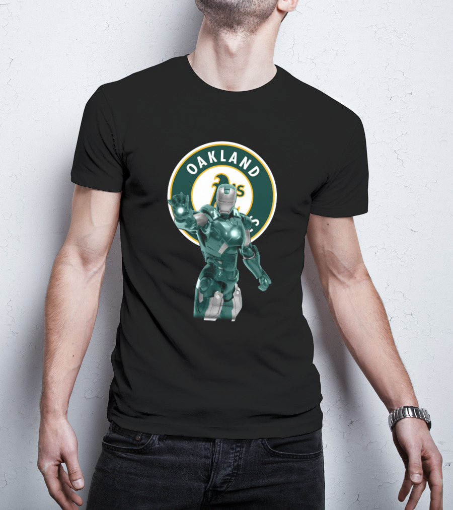 Oakland Athletics X Iron Man Crossover Marvel Avengers Baseball Team Collaboration T-Shirt