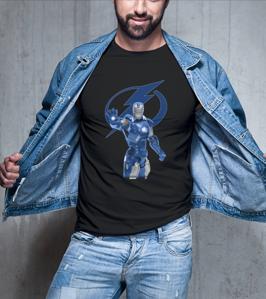 Tampa Bay Lightning Blue Iron Man Collaboration With Lightning Bolt T-Shirt