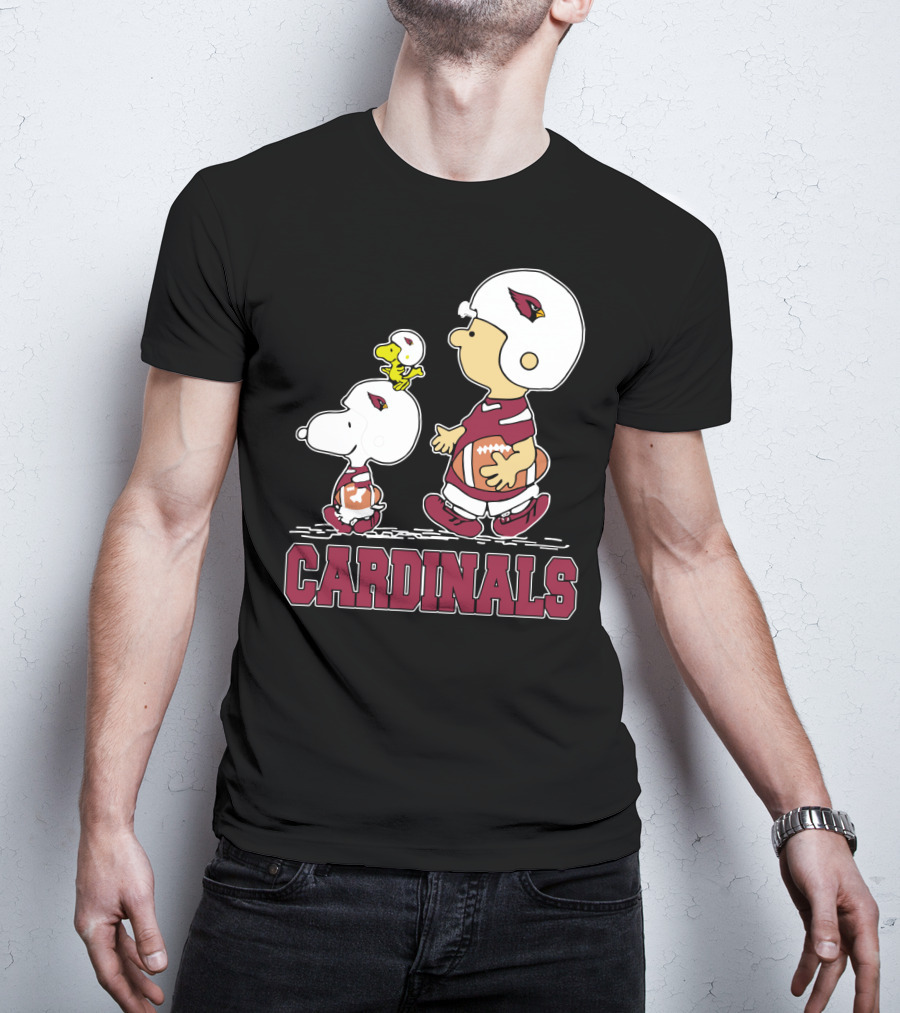 Snoopy And Woodstock With Cardinals Football Helmets And Team Spirit T-Shirt