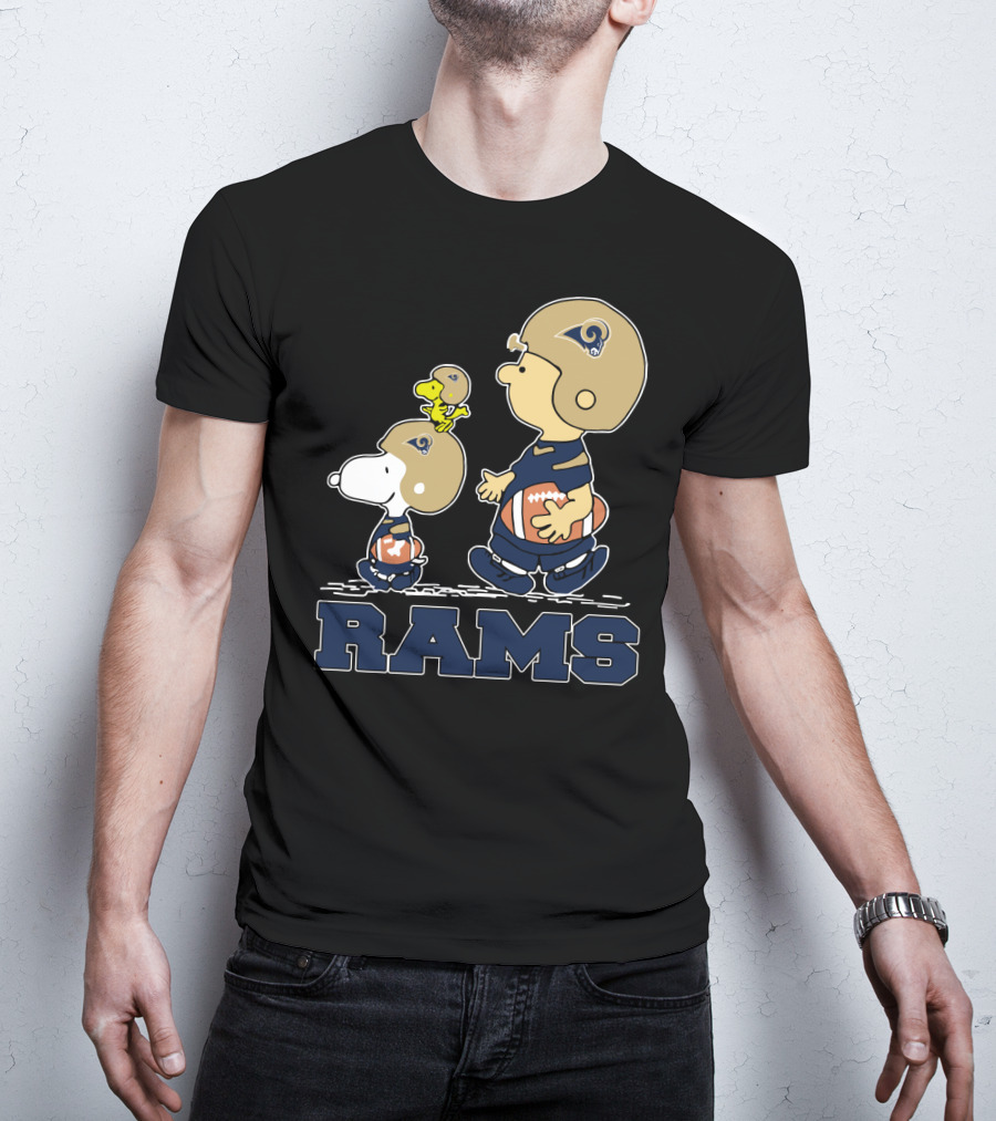 Snoopy And Woodstock With Los Angeles Rams Helmets And Football T-Shirt
