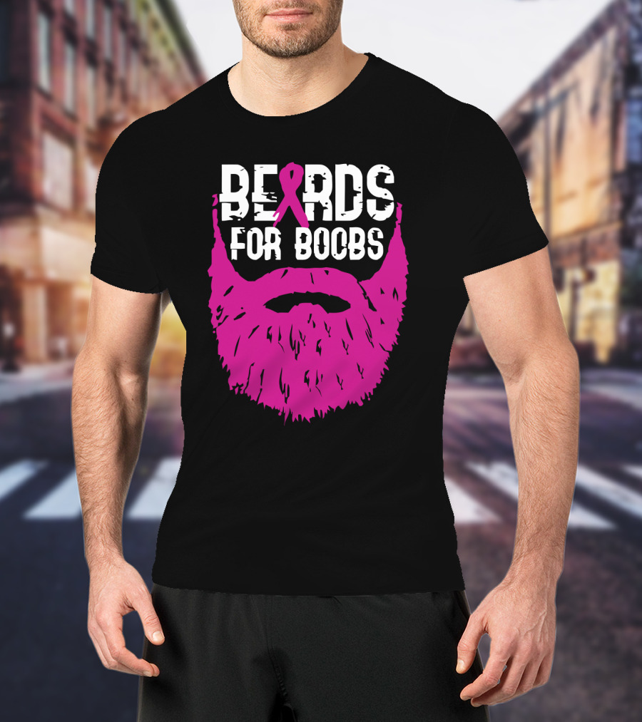 Beards For Boobs Breast Cancer Awareness Pink Ribbon Beard T-Shirt