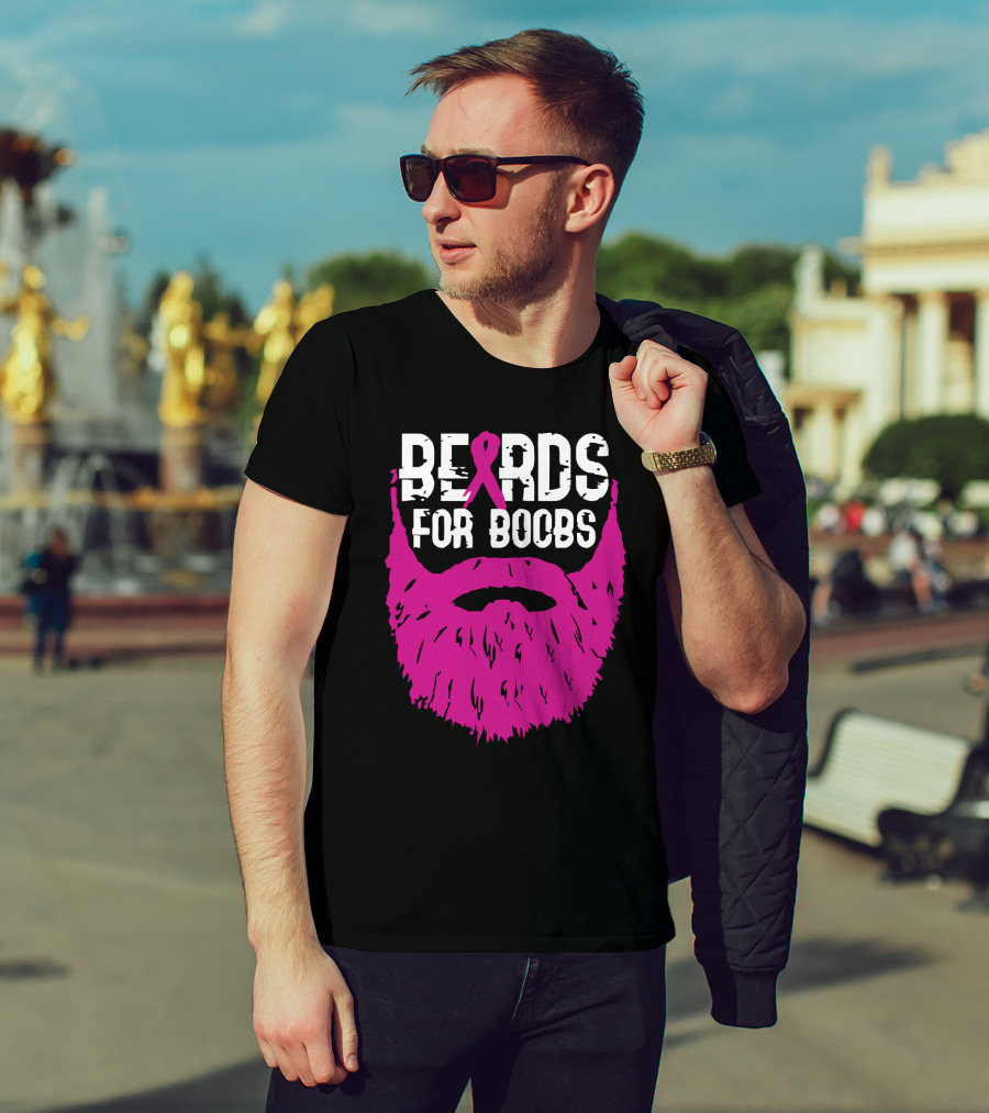Beards For Boobs Breast Cancer Awareness Pink Ribbon Beard T-Shirt