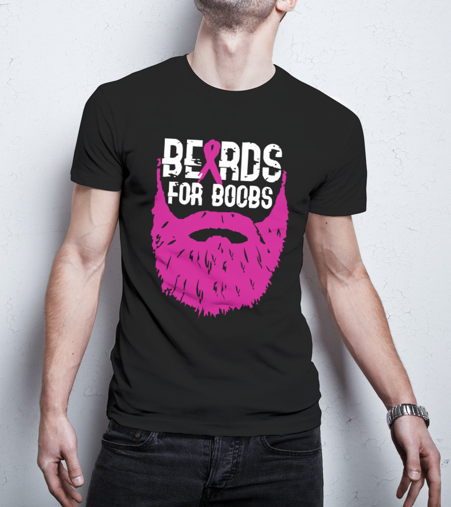 Beards For Boobs Breast Cancer Awareness Pink Ribbon Beard T-Shirt