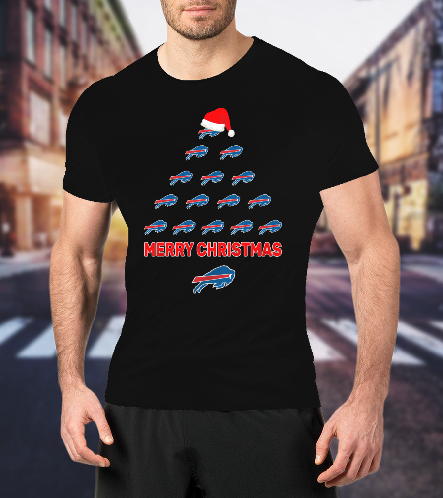 Buffalo Bills Merry Christmas Tree With Santa Hat Formation T-Shirt