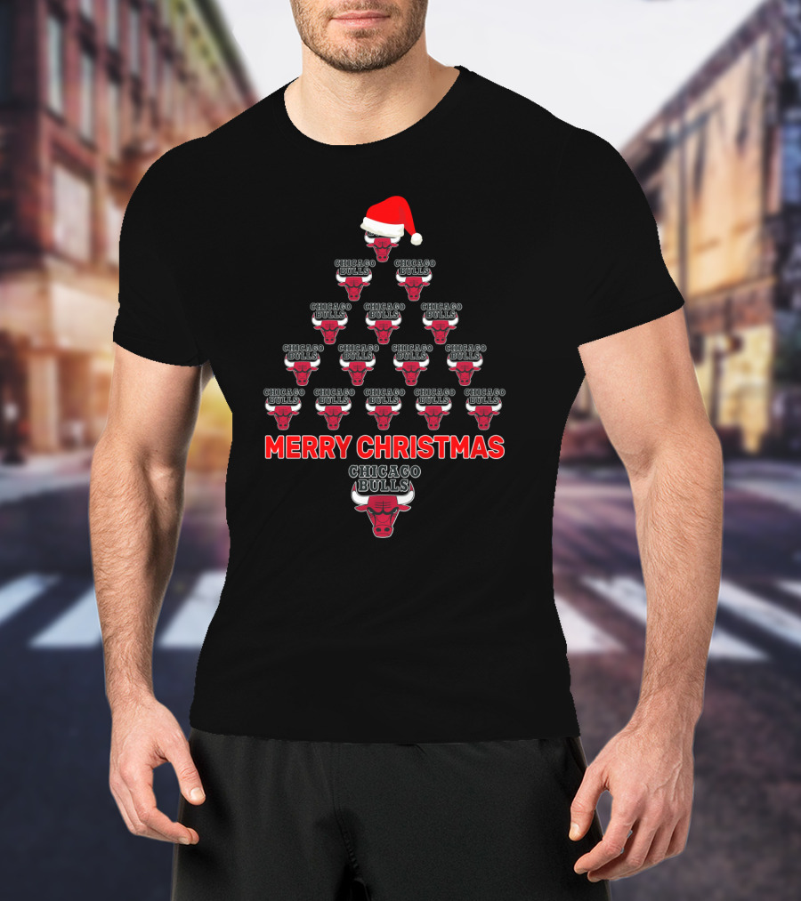 Merry Christmas Chicago Bulls Santa Hat Tree Fan Celebration T-Shirt