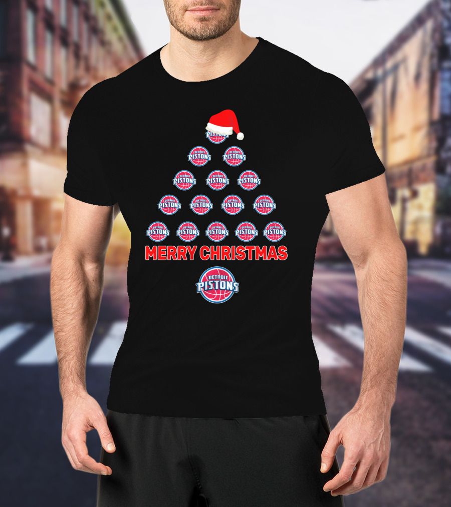 Merry Christmas Detroit Pistons Basketball Tree With Santa Hat T-Shirt