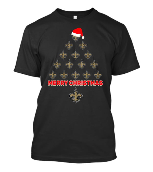 Merry Christmas New Orleans Saints Fans Fleur-De-Lis Tree With Santa Hat T-Shirt